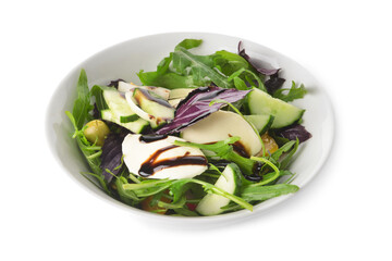 Bowl with tasty fresh salad on white background