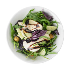 Bowl with tasty fresh salad on white background