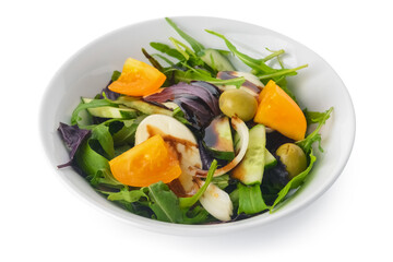 Bowl with tasty fresh salad on white background