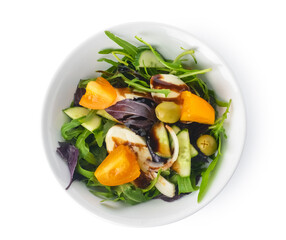 Bowl with tasty fresh salad on white background
