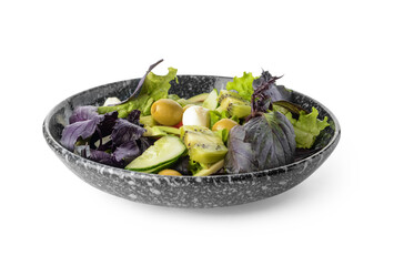 Plate with tasty fresh salad on white background