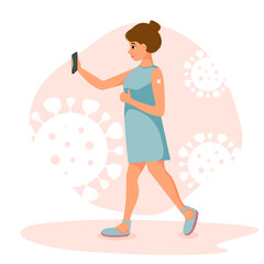 Vaccinated covid-19 girl blogger makes a selfie on the phone. Cute young girl making photo and video content for her blog. Vector illustration in flat style.	