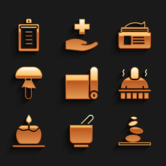 Set Fitness mat roll, Mortar and pestle, Stack hot stones, Sauna spa procedures, Aroma candle, Mushroom, Ointment cream tube and Clipboard with checklist icon. Vector