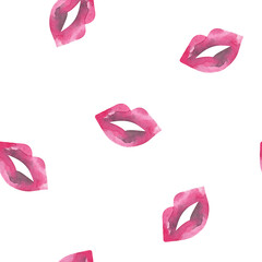 Seamless watercolor pattern of female pink lips on a white background.