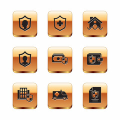 Set Life insurance with shield, House, Emergency car, Money, flood, Contract and Health icon. Vector