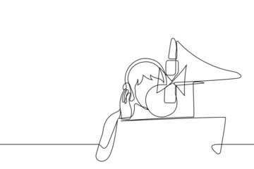 man is standing with headphones in a recording studio during the recording process - one line drawing. male singer records the track, announcer reads the text, dubbing actor in progress