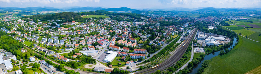 Fototapeta na wymiar Aerial view of the city Cham in Germany, Bavaria on a sunny day in Spring