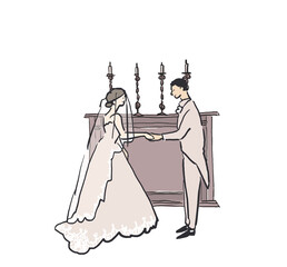祭壇の前で愛を誓う新郎新婦、ウエディング、結婚式、キャンドル
