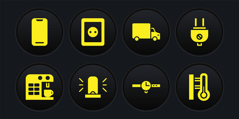 Set Coffee machine, Electric plug, Flasher siren, Wrist watch, Delivery cargo truck, Electrical outlet, Meteorology thermometer and Smartphone icon. Vector