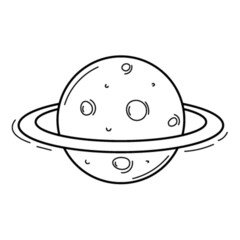 An abstract planet with craters and rings. Space. Doodle style. Hand-drawn black and white vector illustration. The design elements are isolated on a white background.