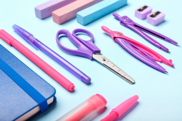 School supplies on color background