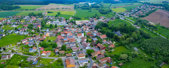 Aerial view of the city Schnabelwaid Germany, Bavaria on a cloudy day in Spring