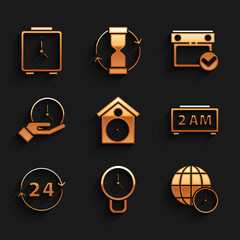 Set Retro wall watch, Clock, World time, Digital alarm clock, 24 hours, Calendar with check mark and Alarm icon. Vector