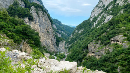 View of the Gizeldon Gorge, North Ossetia, Russia. Impenetrable rocks and majestic mountains.