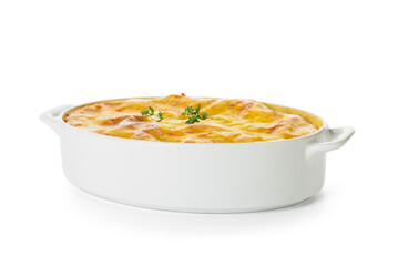 Casserole with mashed potatoes on white background