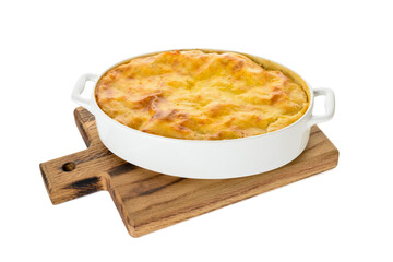 Casserole with mashed potatoes on white background