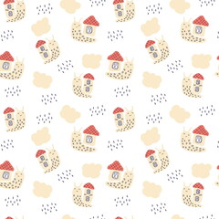 Pastel colored seamless pattern of snails and rainy clouds. Perfect for T-shirt, textile and prints. Hand drawn illustration for decor and design.