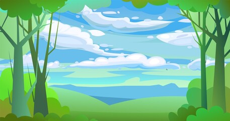 Forest trees vector. Dense wild plants with tall, branched trunks. Sky with clouds. Summer green landscape. Flat design. Cartoon style. Vector