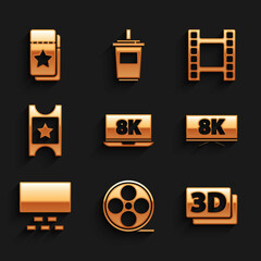 Set Laptop with 8k, Film reel, 3D word, Screen tv, Cinema auditorium seats, ticket, Play Video and icon. Vector