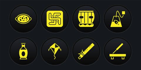 Set Indian vase, Tea bag, Kite, Bamboo flute indian, Instrument tabla, Hindu swastika, Scented spa stick and Kheer bowl icon. Vector