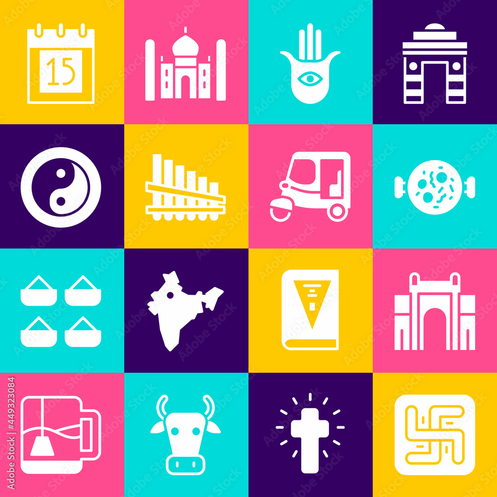 Sticker Set Hindu swastika, India Gate Delhi, Chicken tikka masala, Hamsa hand, Pan flute, Yin Yang, Independence day and Taxi tuk tuk icon. Vector