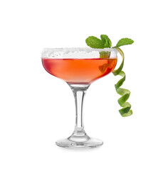 Glass of tasty cosmopolitan cocktail on white background