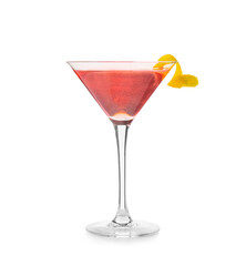 Glass of tasty cosmopolitan cocktail on white background - obrazy, fototapety, plakaty