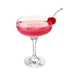 Glass of tasty cosmopolitan cocktail on white background