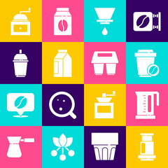 Set Aeropress coffee, Electric kettle, Coffee cup to go, V60 maker, Bag beans, Manual grinder and icon. Vector