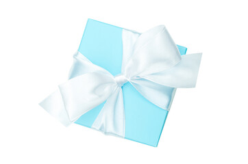 Top view  of turquoise gift box with white ribbon isolated on white background
