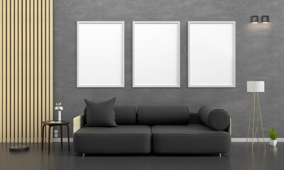 Black sofa in modern living room with mockup frames, 3D rendering