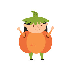 Girl child in Halloween costume of pumpkin. Day of dead holiday decor. Isolated on white background