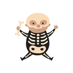 Boy child in Halloween costume of skeleton. Day of dead holiday decor. Isolated on white background
