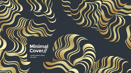 Black and gold fluid 3d shape. Optical art wave cover design. Golden stripes waves vector background.