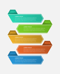 Creative presentation label design for timeline infographics in 5 steps. Horizontal option banner. Graphic resource elements suitable for timeline information, annual report, business report.