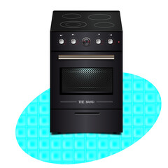 Vector 3D kitchen stove black on the tile. Illustration of kitchen appliances on a white background.