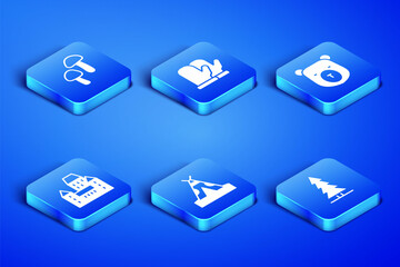 Set Canadian spruce, Mushroom, Indian teepee or wigwam, Chateau Frontenac hotel, Christmas mitten and Bear head icon. Vector