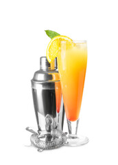 Glass of tasty Sex on the Beach cocktail on white background