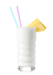 Glass with tasty Pina Colada cocktail on white background