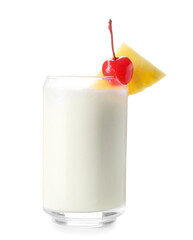 Glass with tasty Pina Colada cocktail on white background