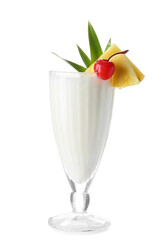 Glass with tasty Pina Colada cocktail on white background