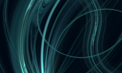 Digital dimension in smooth and fluttering glowing curves lines or stripes in blue turquoise color on dark background. Deep perspective of space. Computer neural technology robotics abstract concept.