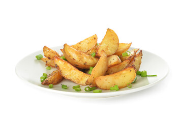 Plate with tasty baked potato on white background