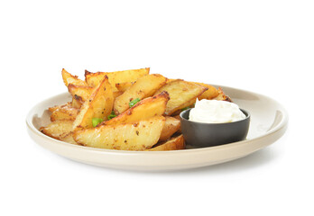 Plate with tasty baked potato and sauce on white background