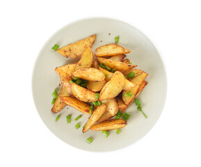 Plate with tasty baked potato on white background