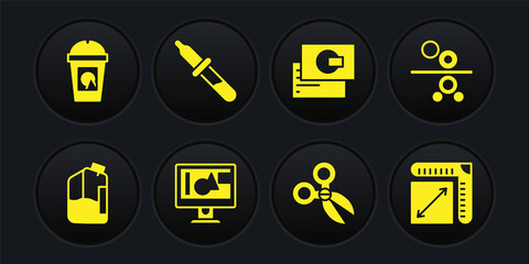 Set Printer ink bottle, Paper roll of printing press, Computer monitor screen, Scissors, Business card, Pipette, size and Coffee cup go icon. Vector
