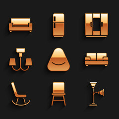 Set Pouf, Chair, Floor lamp, Sofa, Armchair, Chandelier, Wardrobe and icon. Vector