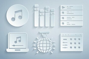 Set Disco ball, Music playlist, Laptop with music note, Drum machine, equalizer and tone icon. Vector