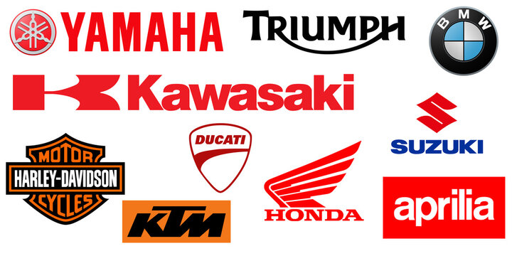 Vinnytsia, Ukraine - August 6, 2021. 10 Best Motorcycle Brand Logo. Yamaha, Honda, Ducati, Kawasaki, Triumph, BMW, Harley-Davidson Suzuki Aprilia KTM Editorial vector illustration