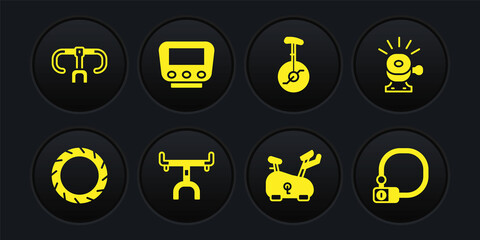 Set Bicycle wheel tire, bell, handlebar, Stationary bicycle, Unicycle or one, speedometer, lock and icon. Vector